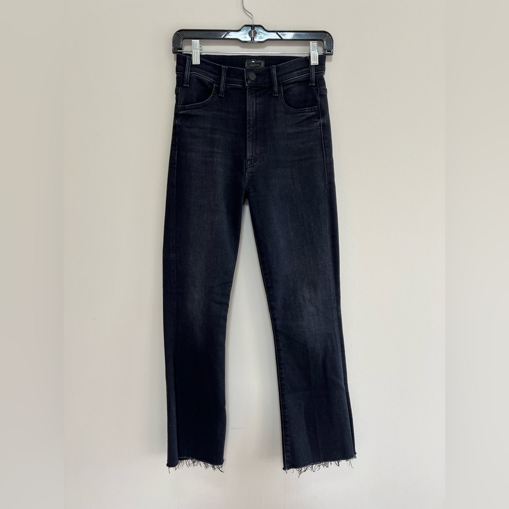 Mother The Hustler Ankle Fray High Rise Stretch Flare Jeans Black Wash, size 25